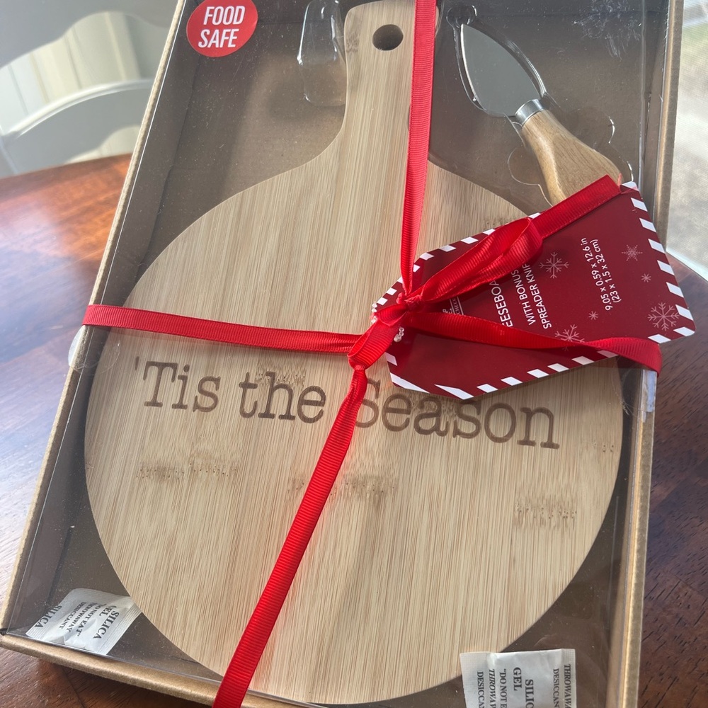 Bamboo Cheese Board with Knife and Red Ribbon